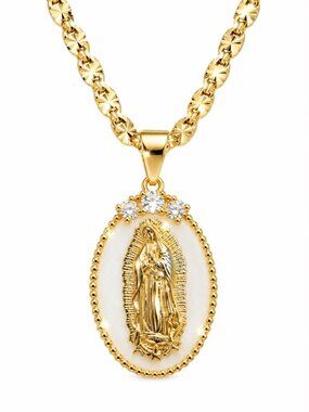14K Gold Plated Religious Guadalupe Pendant Lace Necklace - Brass Cubic Zircon